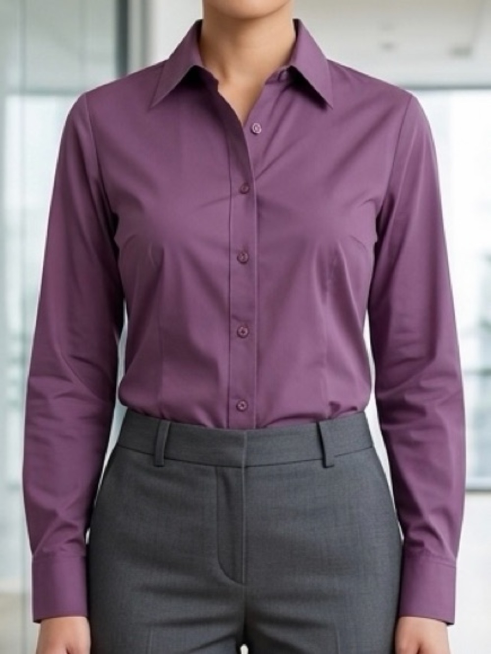 Petite Sophisticate 4P 100% Cotton Purple Button Down Long Sleeve Blouse Top EUC